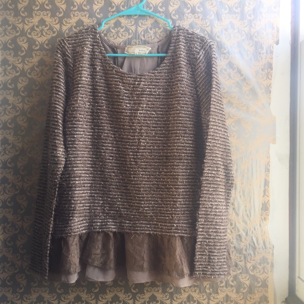 A'reve Anthro Taupe Striped Lace Peplum Sheer Bow Tie Metallic Coquette Small